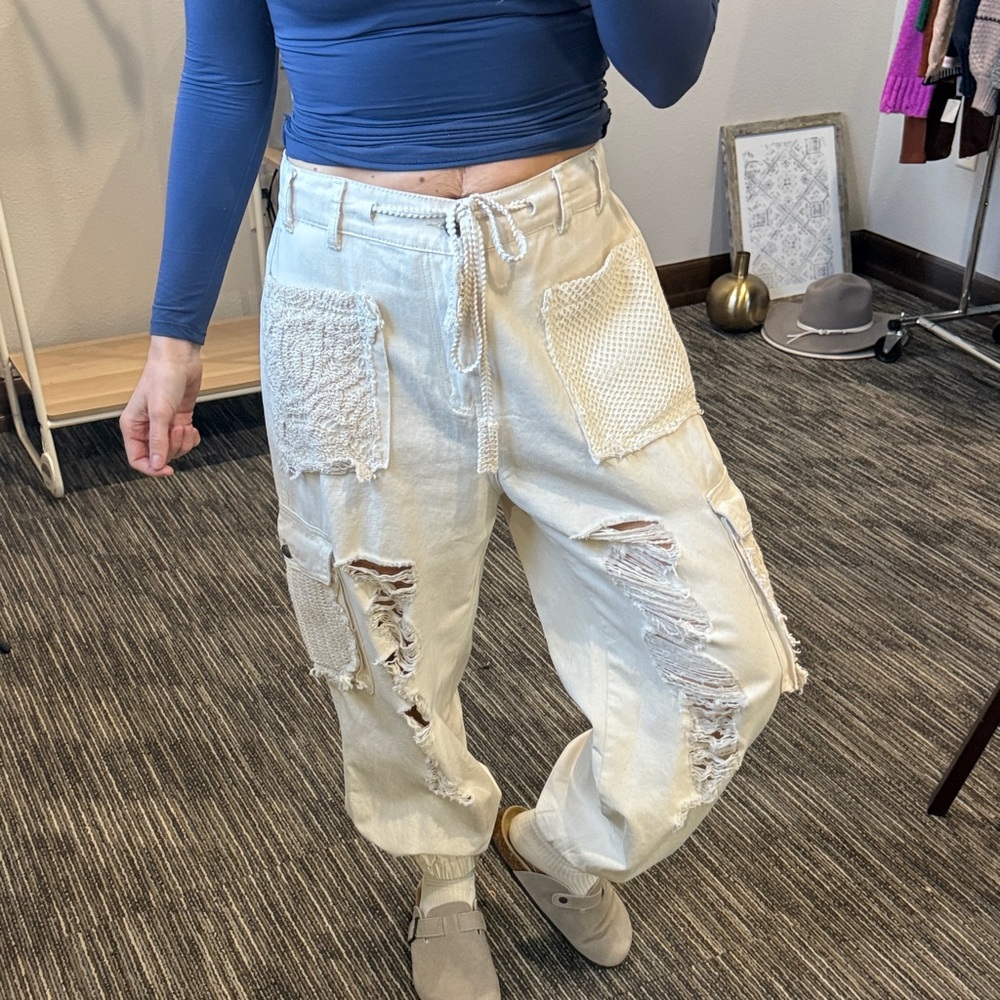 Pol Distressed White Patchwork Jeans - image 1